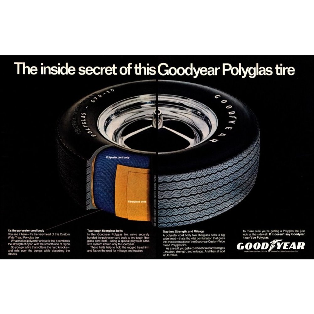 1971 Goodyear Tire Polyglas Cutaway View 2 Page Vintage Print Ad Wall Art Photo